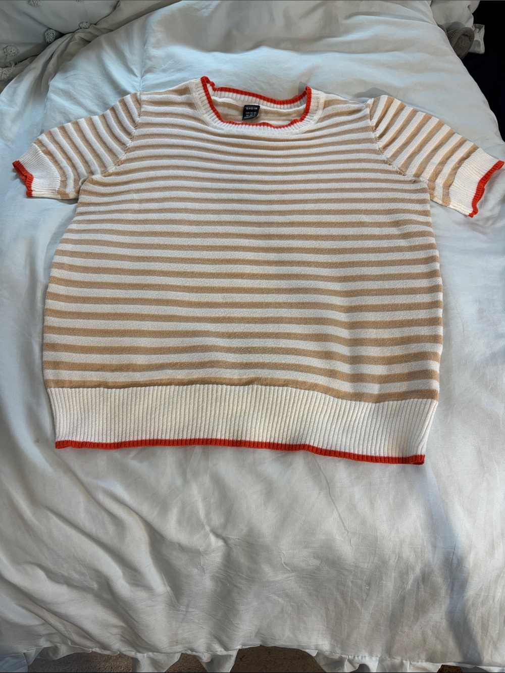 SHEIN Orange & Tan Striped Short-Sleeve Sweater with Orange Trim